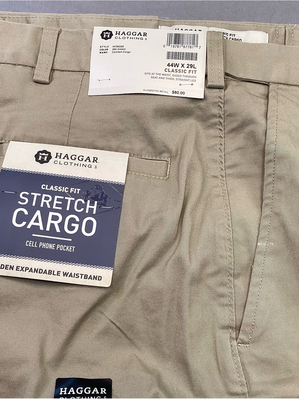 Haggar Men’s Stretch Comfort Cargo Khakis Pants 44x29 Expandable Waist NWT Tan
